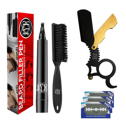 Kit Bolígrafo para Barba + Portanavajas Color Negro con Oro para Barba y Cabello
